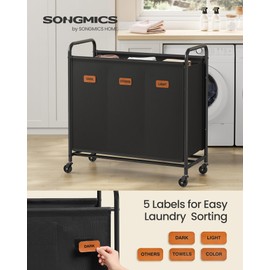 SONGMICS 3-Section Laundry Sorter, Laundry Hamper with Wheels, Rolling Clothes Hamper Cart with Large Capacity and Removable Bags, for Laundry Room, Bedroom, Bathroom, Ink Black URLS330B01