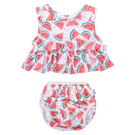 ALVABABY Baby Reusable Swim Diaper with a Matching Top, 2T Toddler Baby Girls Swimsuit,Infant Bathing Sleeveless Tankini,Swimwear Two-Piece Skirt Watermelon SWT06