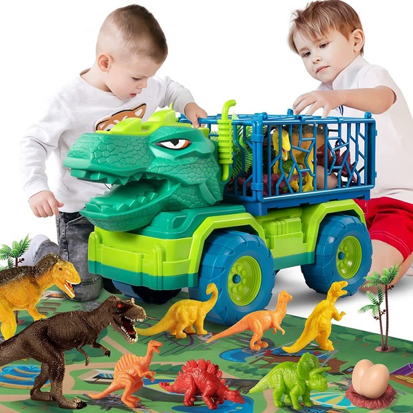 TEMI Dinosaur Truck Toy for 3-5 Years Old, Tyrannosaurus Transporter Truck with 8 Dinosaur Figures, Activity Playmat, Jurassic Dinosaur Boy Game