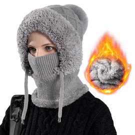 WELROG Plush Bicycle Hood with Balaclava, Windproof Hat, Scarf for Men and Women, Face Protection for Extremely Cold Weather, gray