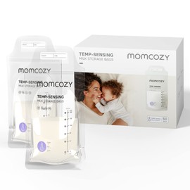 Momcozy Breastmilk Storage Bags 50pcs, Temp-Sensing Discoloration Milk Storing Bags for Breastfeeding, Disposable Milk Storage Bag with 6oz Self Standing, No-Leak Milk Freezer Storage Pouches