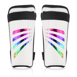 Football Shin Pads | Impact Protection Kids Shin Pads | Non Slip Double Adjustable Straps Soccer Shin Guards Boys Girls | Glitter Rainbow Shin Guards Kids 5-12 years (White)