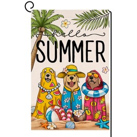 BLKWHT Summer Beach Dogs Garden Flag 12x18 Vertical Double Sided Hello Summer Farmhouse Holiday Outside Decorations Burlap Yard Flag BW826