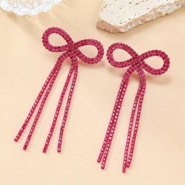Bow Earrings for Women Silver Rhinestone Bow Earrings Black Bow Dangle Earrings Sparkly Earrings Hot Pink Long Tassel Rhinestone Earrings for Women Dangling Crystal Wedding Bridal Earrings-hot pink