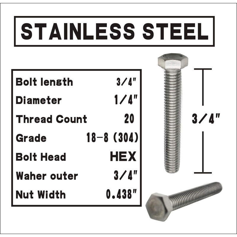 (10 Sets) 1/4-20x3/4" Stainless Steel Hex Head Screws Bolts, Nuts,