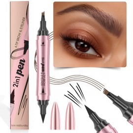 2-in-1 Dual-Ended Waterproof Eyebrow Pencils with 4-Fork-Tip for Women, 3D Microblading Eyebrow Pen with Eyeliner Pencil, Natural Hair Like Strokes, All-Day Wear (01 Light Brown)