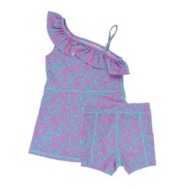RuffleButts Girls Athletic Active One Shoulder Strap Tennis Dress and Bike Short Set Outift - Neon Glow, 3T