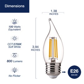 FLSNT 2700K Soft White LED Chandelier Edison Bulbs, 100W Equivalent, Dimmable CA11 E26 Base LED Candelabra Bulbs, 800LM, 6 Pack