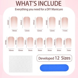 Acrylic French Nude Collection, 24Pcs French False Nails Short, Gradient White Pink Press on Nails with Manicure Stick, 12 Sizes Fake Nails, Medium Square Acrylic False Nails for Women Girls Nails Art