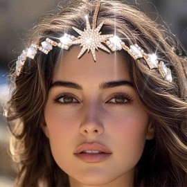 Yean Rhinestone Star Headband Gold Crystal Headpiece Goddess Hair Accessories for Women