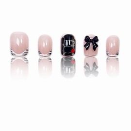 MERVF Square Press on Nails Short Fake Nail White Zebra French Tip Glue ons 3d Bow Acrylic Nails Squoval Supplies Goth Cool Art Manicure 24pcs Glossy