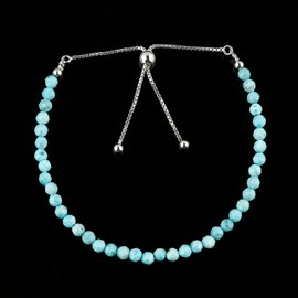 CRYSTALIS 4mm+ Natural Larimar Pectolite Beads Slider Bolo Bracelet, Beaded Crystals, Chakra Healing Stones, Delightful Womens Gemstone Jewelry, 925 Sterling Silver 10 inch