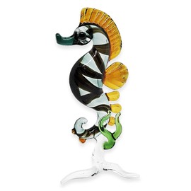 ChangThai Design Tiny 5" Green Black Yellow Seahorse Figurine - Miniature Hand Blown Glass Sea Horse Seadragon Fish Colorful Marine Life Small Crystal Animals Decorative Collectible Figure Décor Gifts
