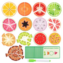 Wooden Fruit Fractions Circles, Fractions Resources for Children Math, Food Theme Educational Toys Math Games, Montessori Math Learning Game, 91 Pieces(with 20 Question Cards)Elementary School Age 6+