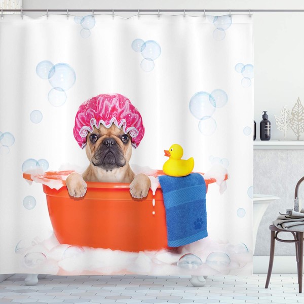 Ambesonne Dog Lover Shower Curtain, Animal Having a Bath in Tub Rubber Duck Cleaning Theme on Bubbles Background, Cloth Fabric Bathroom Decor Set with Hooks, 70" Long, Multicolor