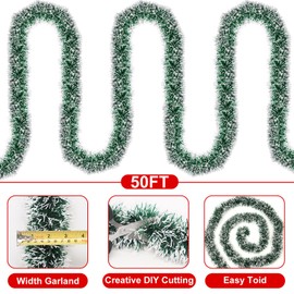 50FT Christmas Decorations Christmas Garland, Green/White Christmas Tinsel Garland Christmas Tinsel Twist Garland for Indoor for Xmas Tree Door Patio Disco Party Holiday Christmas Decor