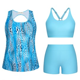 Hanna Nikole Plus Size Women 3 Piece Tankini Swimsuit Tummy Control with Boyshorts Tank-Top Bathing Suits Blue Leopard 6X