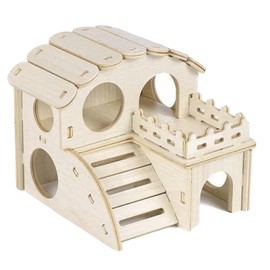 Fulxposs Hamster Cage Accessories,Hamster Hideout,Small Pets Activity Toy Woodland House,Wooden Rat Playground Platform Habitats Decor (Double Layered)
