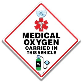 Medical Oxygen Vehicle Warning Sign, 14 cm x 14 cm, Suction Cup Mount, Diamond-Shaped Safety Display