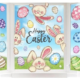 6 Sheets Easter Window Clings Happy Easter Bunny Eggs Window Decals Oil Painting Eggs Bunny Stickers for Holiday Home Office School Party Gifts Decor Spring Glass Decoration