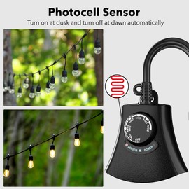 HBN Outdoor Light Timer Waterproof, Weatherproof Photocell Dusk to Dawn Light Sensor, 2/4/6/8 Countdown Timer, 3 Grounded Outlet for Christmas Lights，Hallowen Deceration，1875W 15A 1/2HP