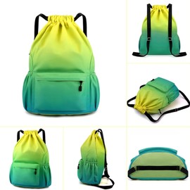 Drawstring Backpack Bag with Front Pocket Waterproof Oxford Cloth, Lightweight Gym Sack for Sports and Travel (Yellow Green, Large)