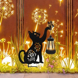 Neeenn Metal Cat Stake with Solar-Powered Light, Outdoor Solar Decorative Cat Stake, Black Cat Holding Solar Lantern Decor Stake for Outdoor Garden Lawn Yard