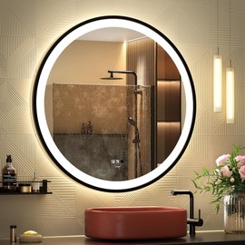 GANPE LED Sensor Mirror, Round Human Body Induction, Black Framed Vanity Mirror, Illuminated Dimmable Anti Fog IP44 Waterproof Wall Mounted Mirror (24" L x 24" W)