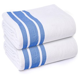 Linteum Textile Cotton Blended Hospital Patient Bath Blanket, Bed Bath Sheet, Twin Blanket Lightweight Sheet Blankets 70x90 in, 1.75 lb. White with Blue Stripes [2 Pack]