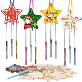 MEZOOM 8pcs Christmas Wooden Windchimes for Kid, Make Your Own 3D Star Wind Chimes Star Hanging Decoration Xmas DIY Art Craft for Christmas Winter Wonderland Indoor Outdoor Hanging Decor