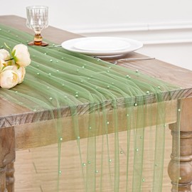 Pearl Table Runner Tulle Lace: 10 ft Tulle Table Runners Pearl Sheer Table Cover Fabrics for Wedding Arch Dessert Table Decorations Sage Green