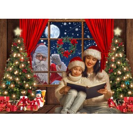LYCGS 7X5FT Christmas Backdrop Santa Claus Photo Background Winter Snow Xmas Wooden Window Moon Christmas Tree Gifts Photography Background New Year Party Decorations Banner X-68