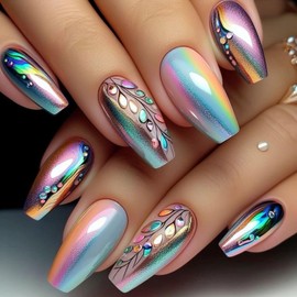 Laser Press on Nails Medium Length Coffin Shaped Fake Nails Colorful Flowers Stick on Nails Glossy Shiny Glue on Nails Full Cover Artificial False Nails Reusable Acrylic Nails Kit for Women Girl 24Pcs