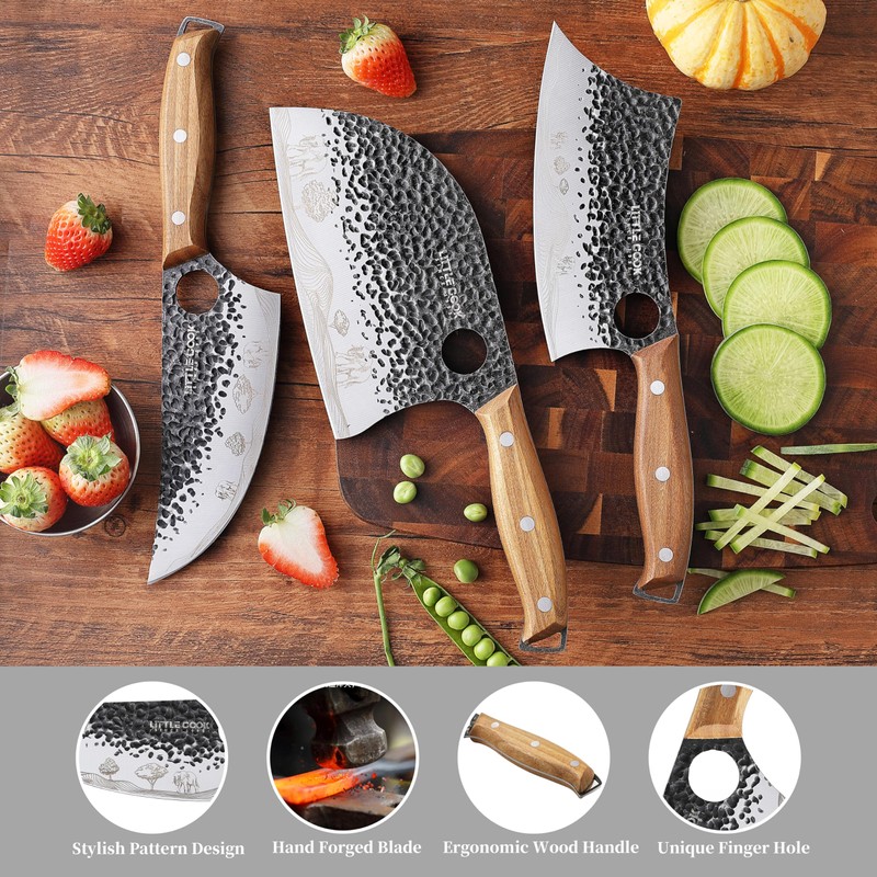 3PCS Butcher Knife, 7" Meat Cleaver, 7" Serbian Chef and
