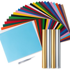 PU Heat Transfer Vinyl, Ohuhu 30 Pack Easy to Cut and Weed Good Elasticity 26 Classic Colours & 2 Gold & 2 Silver 12" x 10" Iron on Vinyl for Cricut for DIY T-Shirt Clothing Logo Textiles