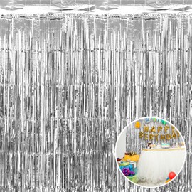 Tinsel Curtain Silver 1 x 2 m, Pack of 2 Shiny Fringe Curtain, Shimmer Door Window for Decoration Party Wedding Disco Birthday Party