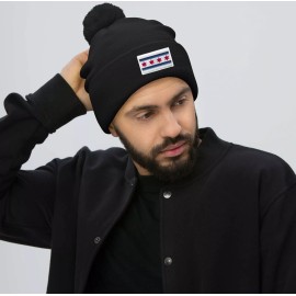 Peerless Embroidery Chicago Flag Patch Cuffed Pom Knit Hat Black White Border