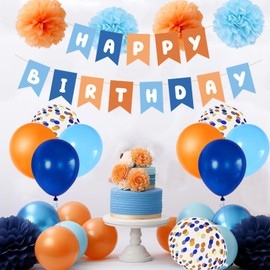 Blue and Orange Happy Birthday Decorations, Blue Orange Party Decorations with Banner Balloons and Pompoms Birthday Décor for Kids Boys Girls