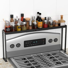ZDDLOINP Spice Rack Shelf for Kitchen Stove, Adjustable 27 to 33 Inch Spice Rack Organizer, 4 Level Adjustable Height Stove Top Shelf for Kitchen, Over the Stove Shelf for Curved Stove, Black