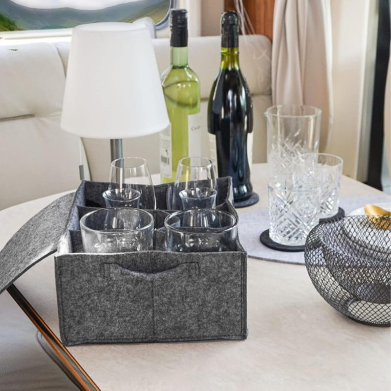 Yharnamite Camping Tableware Storage Felt Bag with Dividers, Motorhome Cupboard