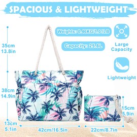 Kasgo Beach Bag for Women, Large Water Resistant Summer Tote Bags Lightweight Sandproof Pool Bag Zipper Gym Bag Shoulder Bags with Small Pouch for Travel Shopping Camping, Coconut Tree
