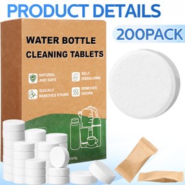 Heigble 200 Pack Water Bottle Cleaning Tablets Bottle Tumbler Cleaner for Stainless, Plastics, Ceramic and Glass Drinking Containers, Thermos, Natural Ingredient Individually Packed
