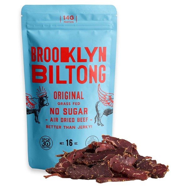 Brooklyn Biltong - Air Dried Grass Fed Beef Snack, South African Beef Jerky - Whole30 Approved, Paleo, Keto, Gluten Free, Sugar Free, Made in USA - 16 oz. Bag (Original)