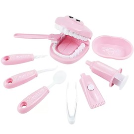 Satiskid Dental Early Education Brushing Toys, 9 Piece Children's Oral Dental Medical Toys Set, Cartoon Tooth Brushing Model, Preschool Education Toy, Dentist Play Toy Set for Girls Boys (Pink)