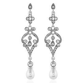 1920s Flapper Pearl Earrings Great Gatsby Pearl Tassel Earrings Vintage Cubic Zirconia Art Deco Dangle Earring for Women Wedding Party-B Style