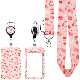 BKBKAAK Pink Medical Lanyards for ID Badges for Nurses – Retractable Reel Clip with ID Name Tag Holder with Stethoscope & Nurse Cap Pattern, Cute Aesthetic Accessories for Women, Girls, Doctor