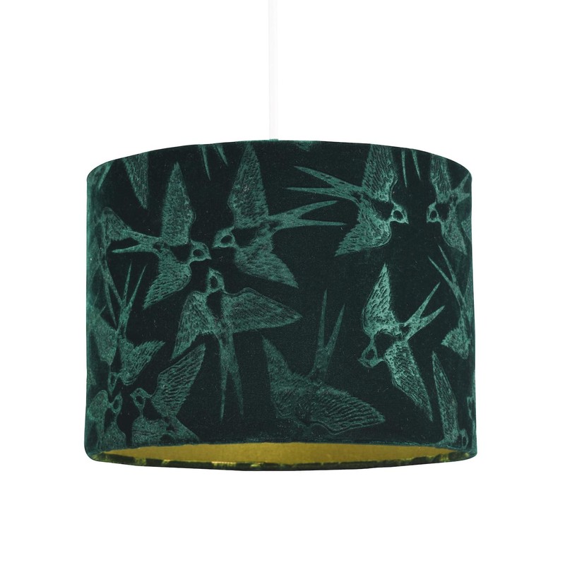 Highlighted Bird Decorated Dark Forest Green Velvet Fabric Lamp Shade