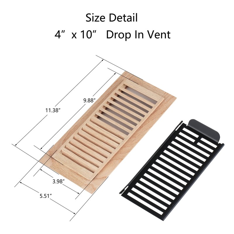 Hardwood White Oak Floor Register, Drop in Vent Cover, 4x10