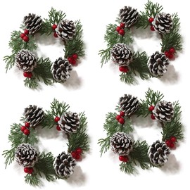 Christmas Candle Rings Artificial Red Berries and Big pinecones Candle Rings Wreaths Decor (4, Green)