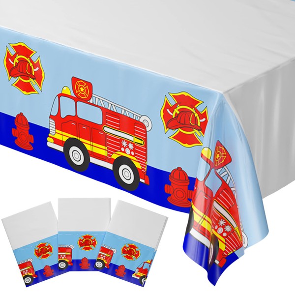 Blue Orchards Fire Truck Table Covers (Pack of 3) 108"x54" XL - Firefighter Table Cloth for Parties, Fire Truck Birthday Party Supplies, Boy Birthday Party Decorations, Firefighter Theme Party
